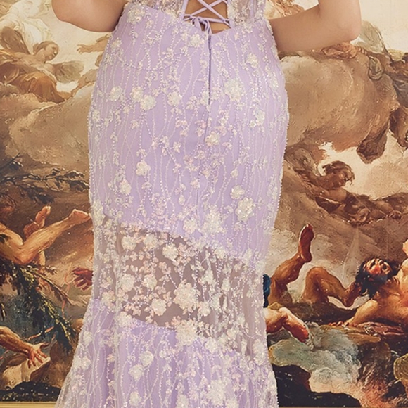 New long purple lilac floral embellished floor length sleeveless lace up open - Picture 9 of 10